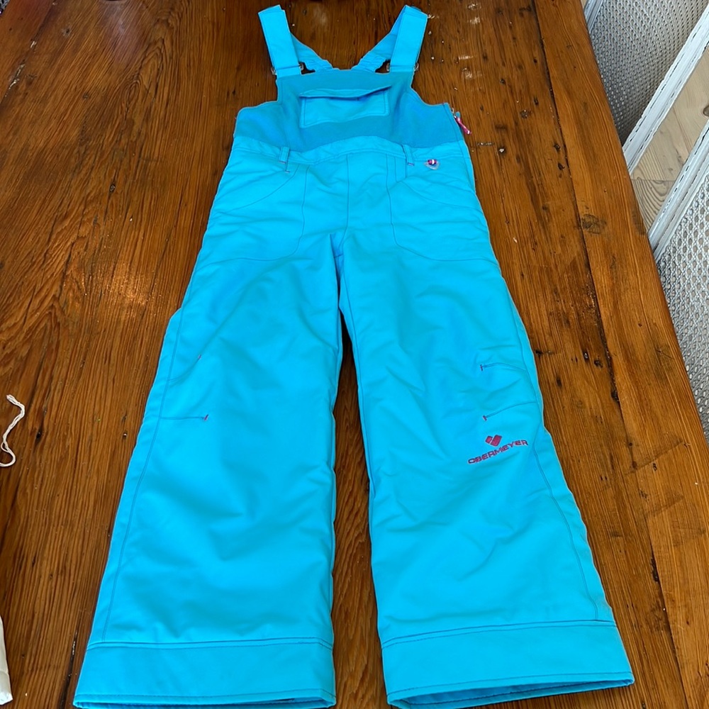 Girls Obermeyer ski bib, turquoise and pink detail, size 7